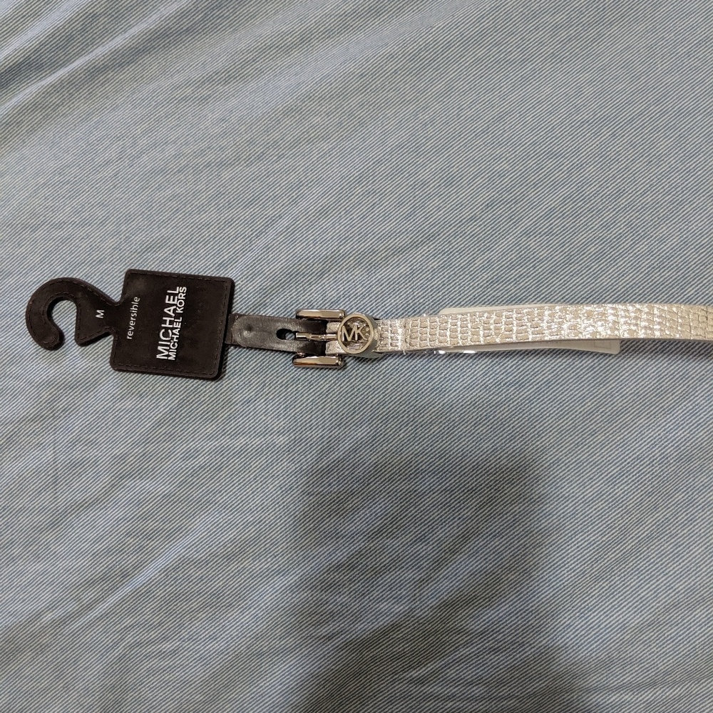 Michael Kors Sliver Metallic Skinny Belt,Size M